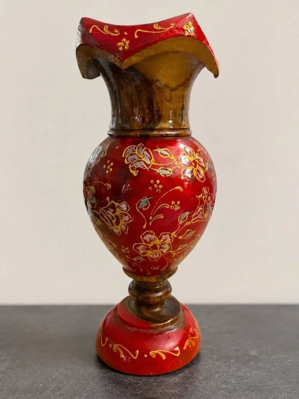 Vintage Hand Turned Painted Wood Red Gold Floral Decorative Vase 8